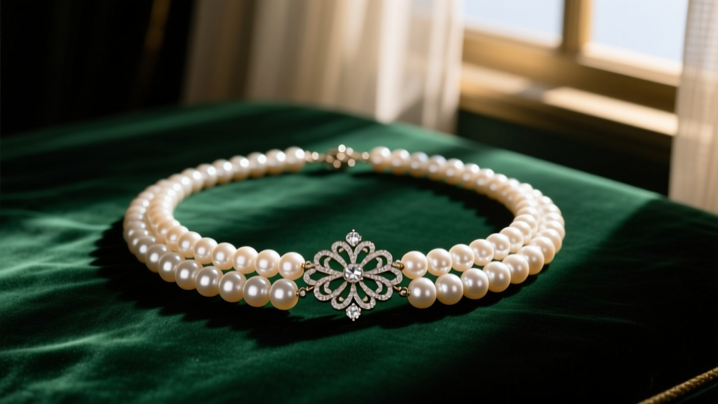 1920s triple-strand Akoya pearl necklace with diamond filigree clasp resting on dark green velvet under moody, dramatic lighting