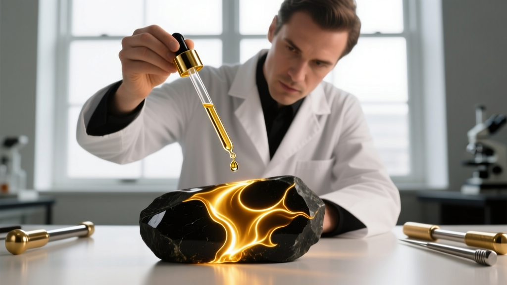 Jeweler applying nitric acid from a glass dropper onto a black testing stone, revealing vibrant color streaks of pure gold.