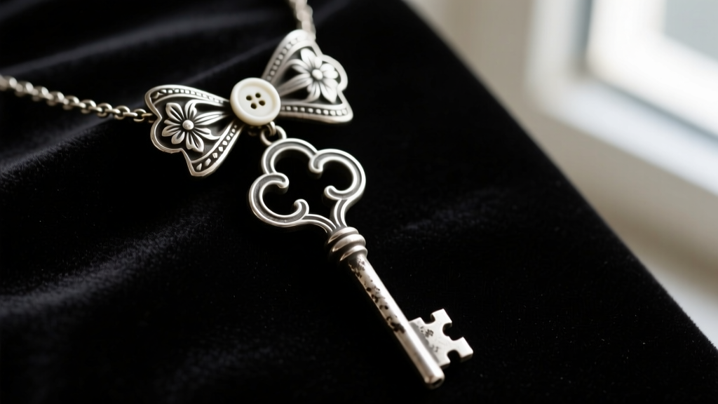 Close-up of an antique silver Coraline skeleton key necklace resting on dark velvet, featuring a distinct button-eye bow detail