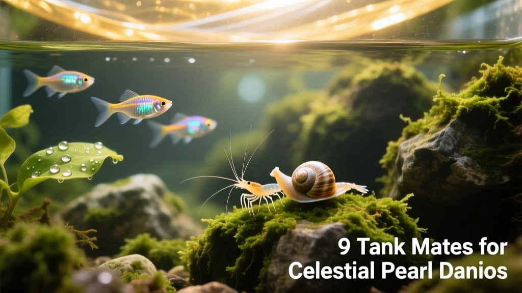 Amano shrimp and Malaysian trumpet snails foraging among moss-covered rocks in a celestial pearl danio tank
