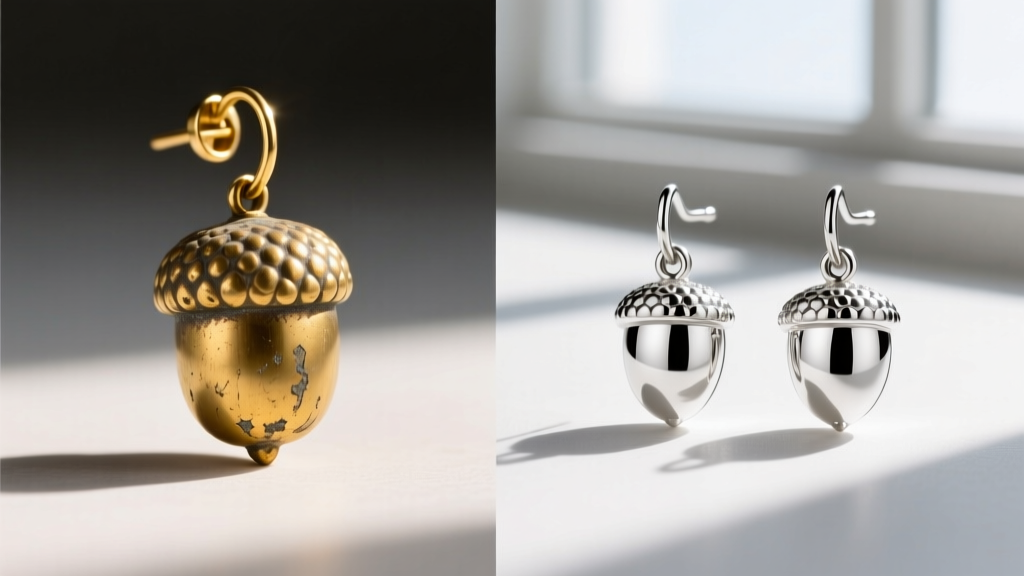 Comparison of a worn gold-plated brass acorn earring showing cap fading next to a pristine solid 925 sterling silver pair