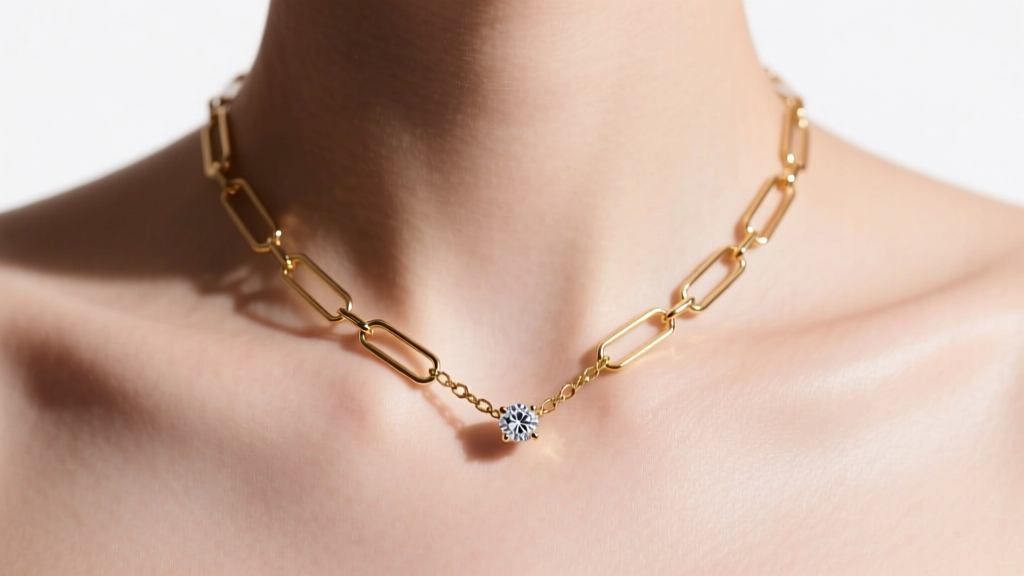 14k gold paperclip chain on a collarbone, showing an initial pendant with a single diamond accent in soft natural lighting