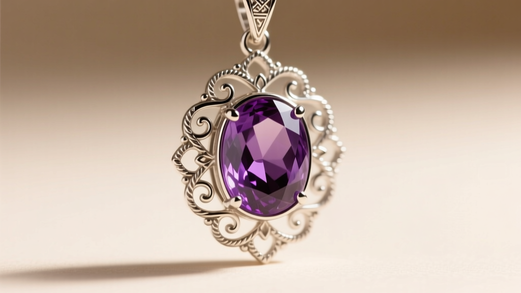 Macro view of a 2000s Chico's Zenergy pendant with a bezel-set amethyst cabochon framed by intricate silver-tone filigree metal