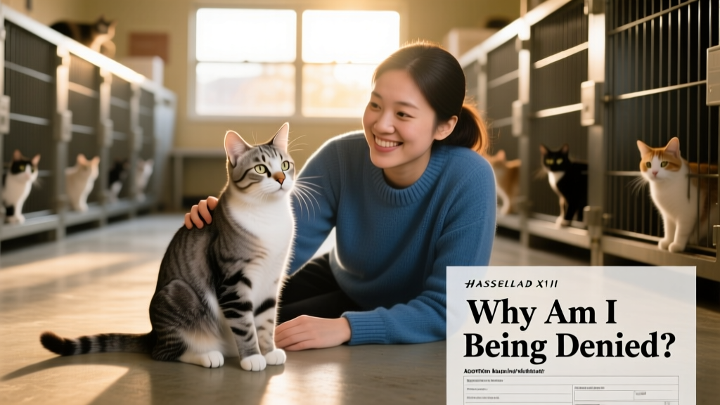 A calm, confident shelter cat sitting beside a friendly volunteer during a meet-and-greet session