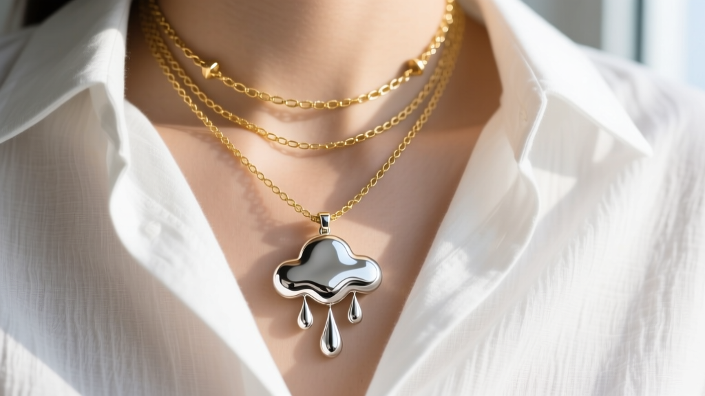 Layered necklace stack featuring a gold satellite chain and a silver rain cloud pendant over a white linen shirt