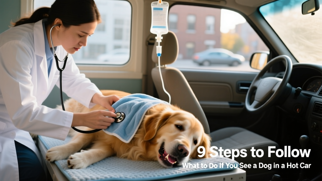 Veterinarian gently checking a dog’s gums and heart rate after heat exposure, with cooling towels and IV fluids nearby