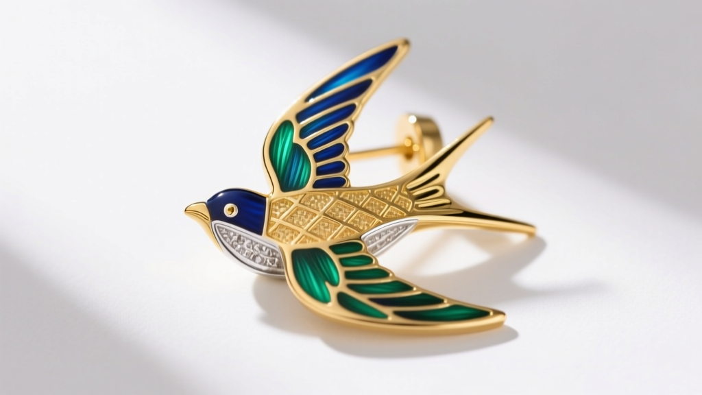 Macro shot of a gold vermeil swallow earring with guilloche enamel wings, showing silver base metal slightly exposed at edge.