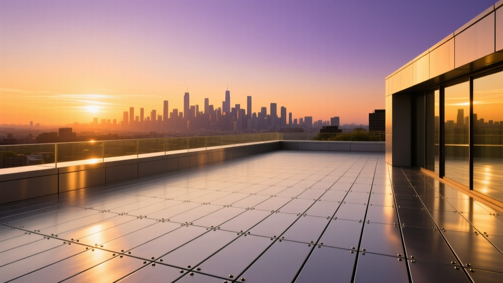 Modern rooftop terrace featuring interlocking aluminum waterproof decking boards with hidden fasteners overlooking a city skyline at sunset