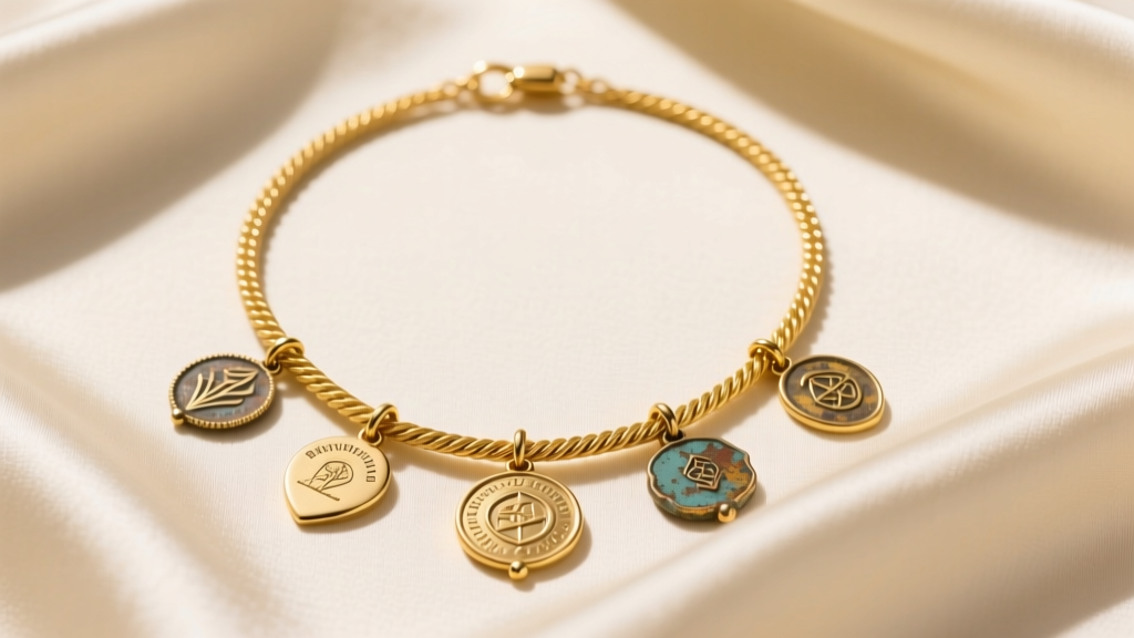 Flat lay of a 14k yellow gold cable chain necklace adorned with five distinct vintage charms on a cream silk fabric background