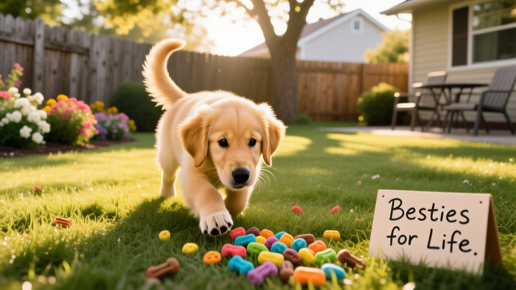 A dog eagerly sniffing a trail of treats scattered along grass, tail wagging, in a backyard setting