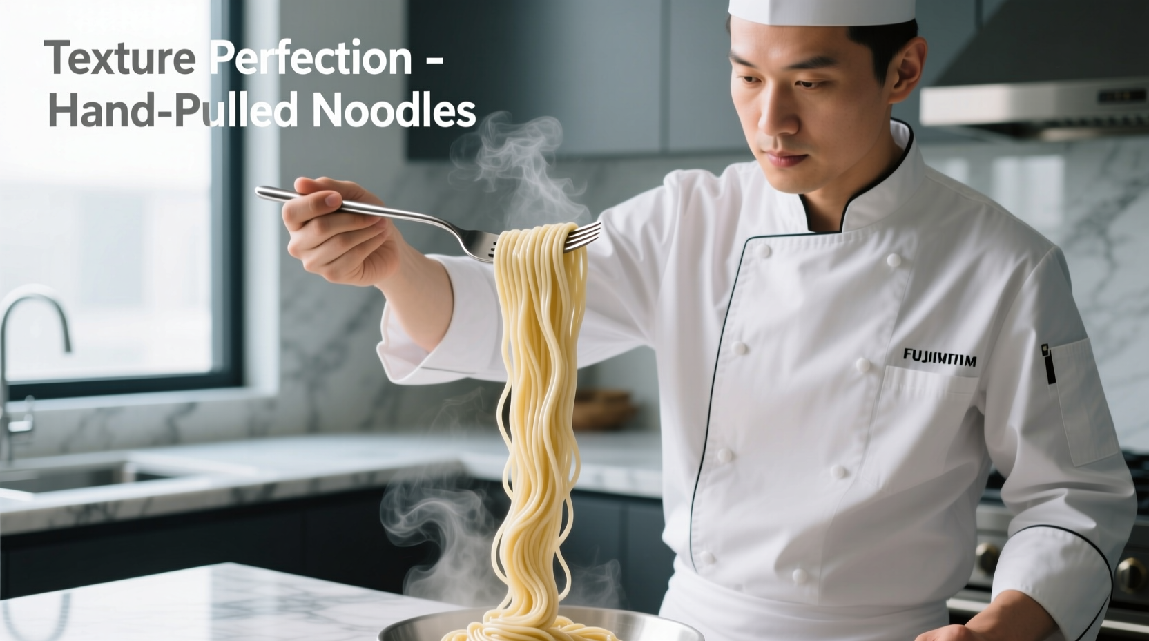 Chef testing noodle texture with fork