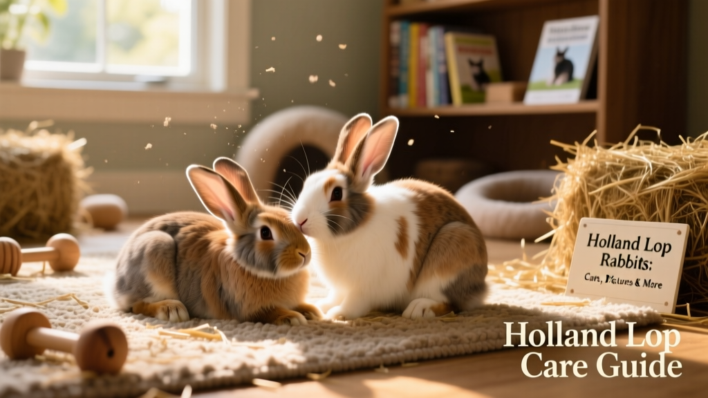 Two bonded Holland Lops grooming each other in a sunlit indoor play area with hay and toys