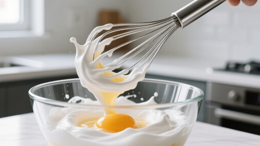 Close-up action shot of a stainless steel balloon whisk vigorously beating egg whites into stiff peaks inside a large glass mixing bowl