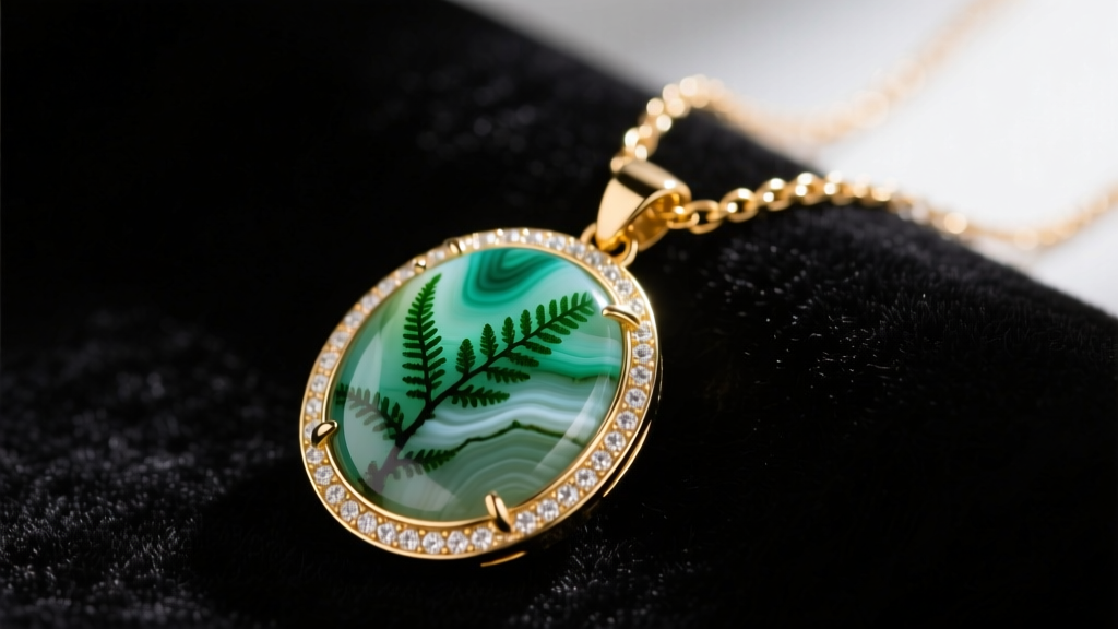 Close-up of a bezel-set moss agate pendant on dark velvet, showcasing intricate green dendritic inclusions and a 14k gold chain.