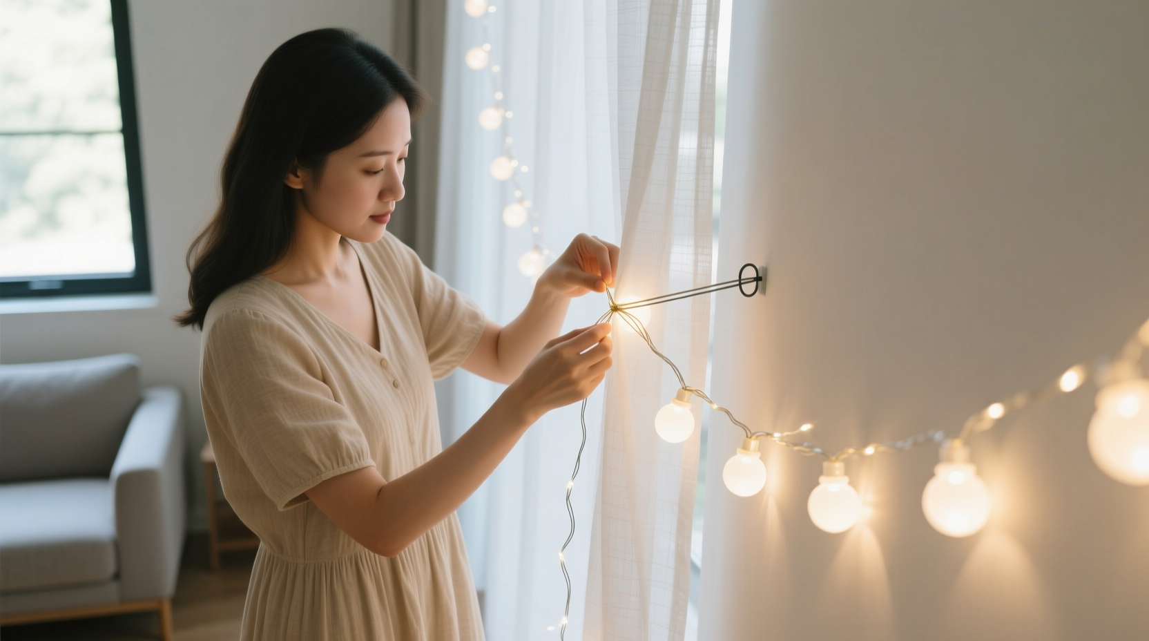how to attach fairy lights to sheer curtains without visible clips or tape residue