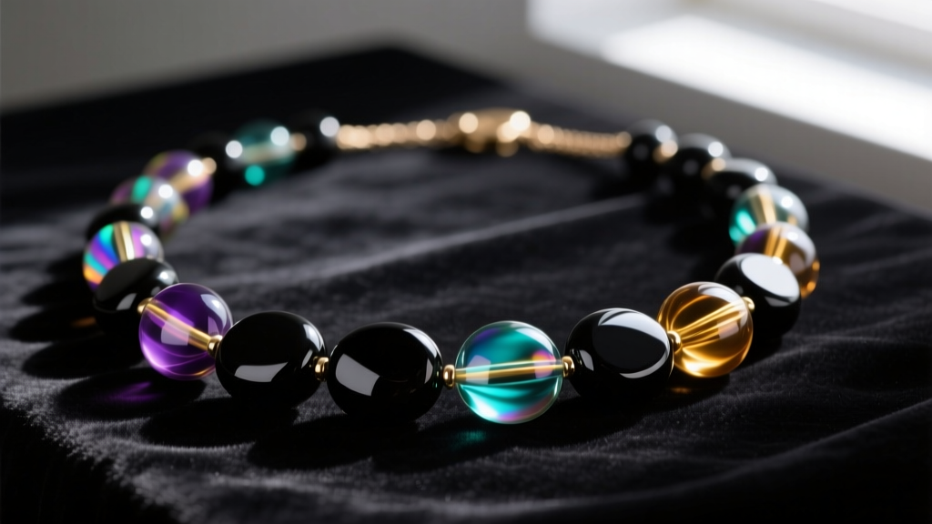 Macro shot of a necklace with large iridescent borosilicate glass beads and matte onyx stones resting on dark velvet.