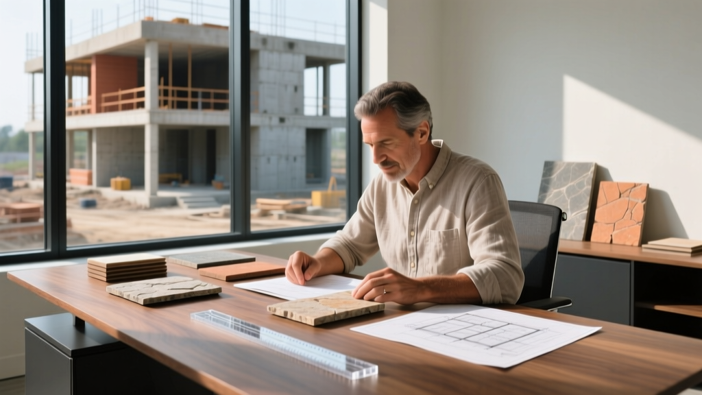 Architect reviewing natural stone veneer samples and masonry cladding catalogs at a modern construction site office desk