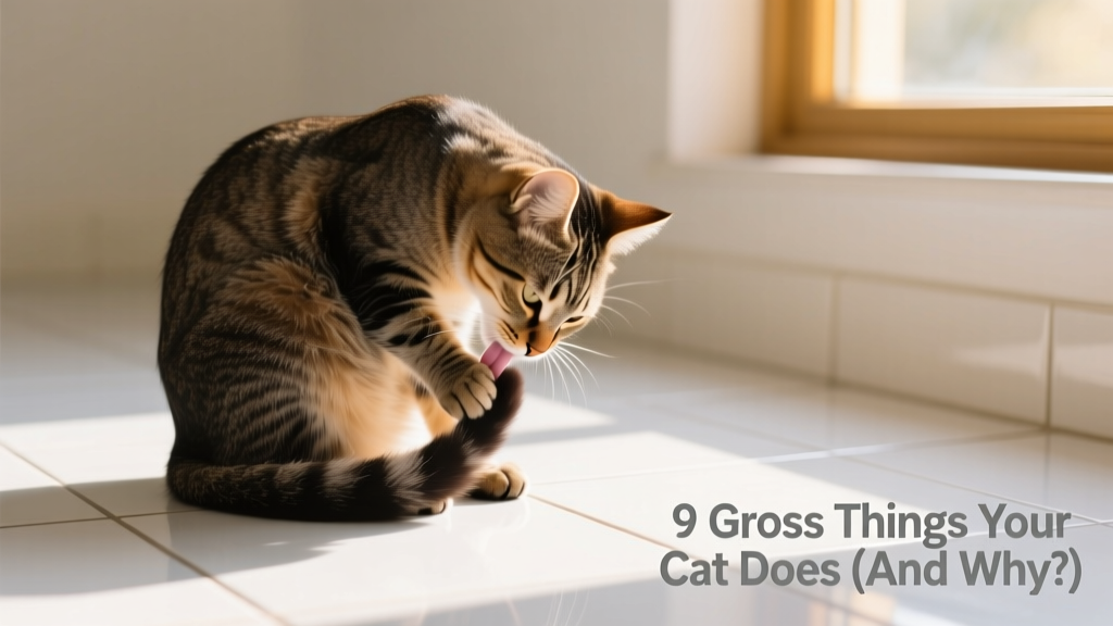 Cat grooming its hindquarters while sitting on a clean tiled floor