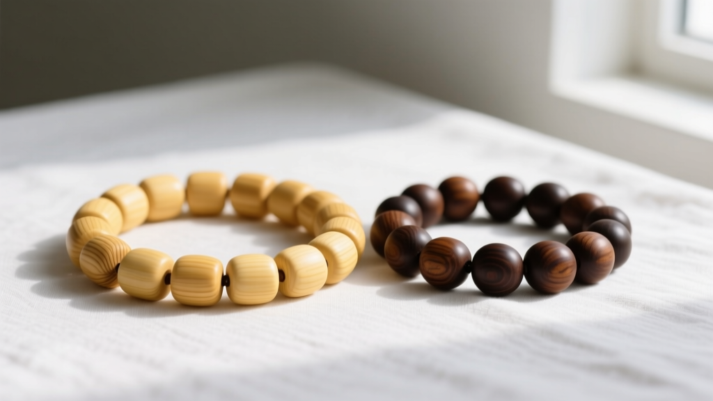 Pale yellow genuine sandalwood beads beside artificially dyed dark brown wooden imitation beads resting on a white linen background.