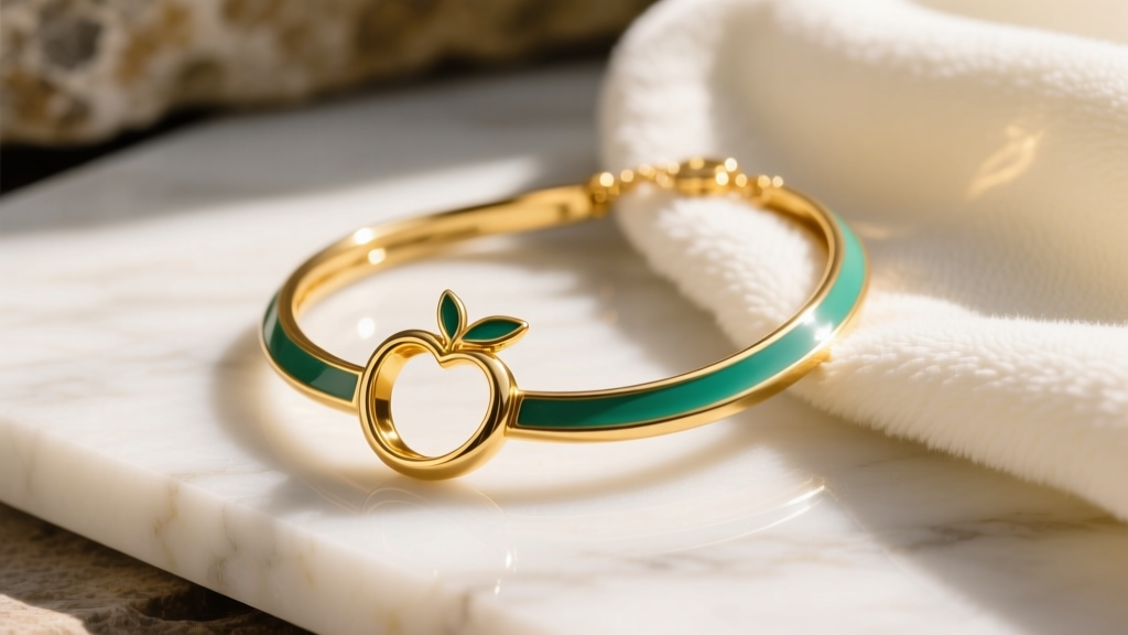 Bright enamel and 14k gold fruit loop necklace resting on white marble next to a soft microfiber cloth in warm natural sunlight