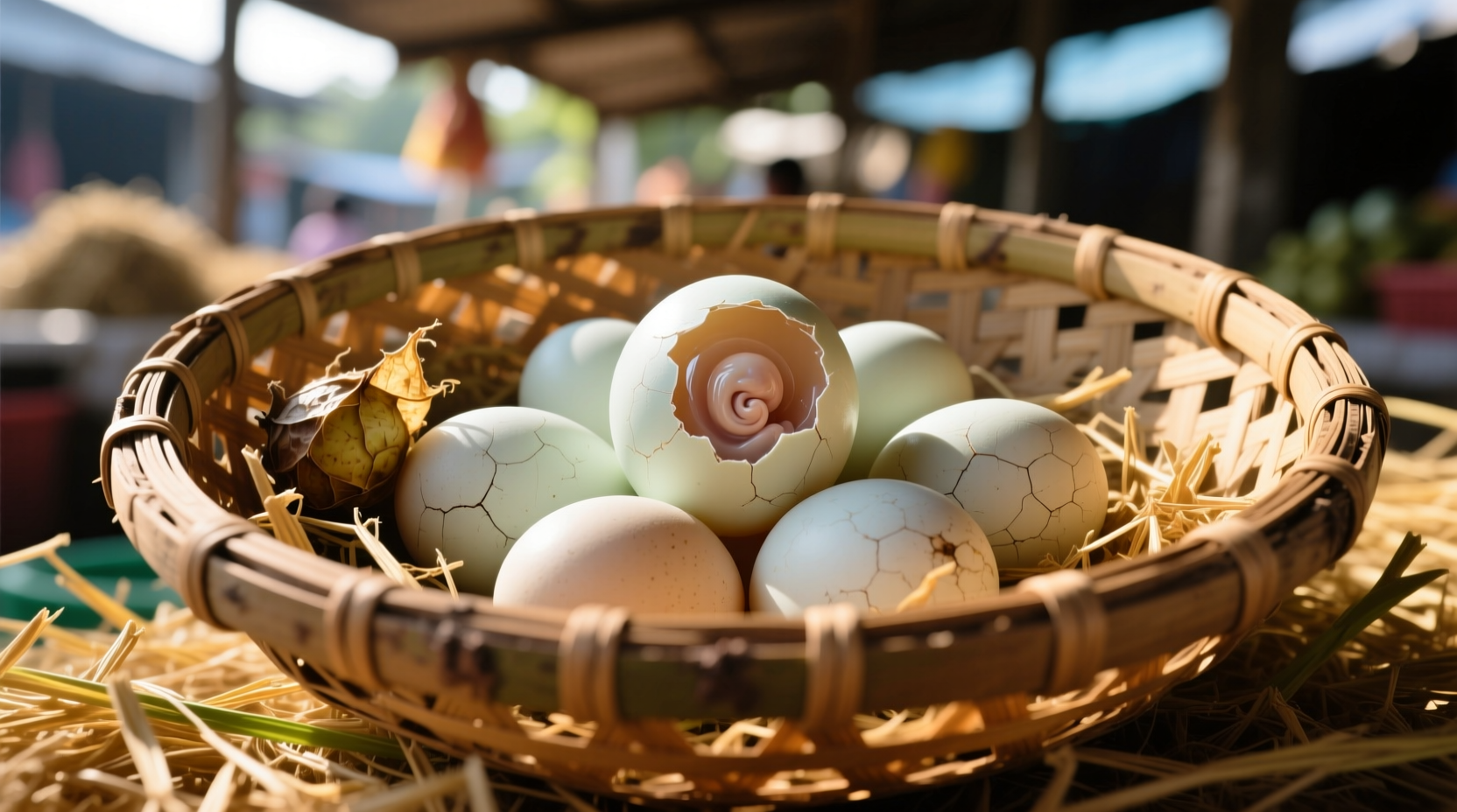 Fresh balut eggs in bamboo basket