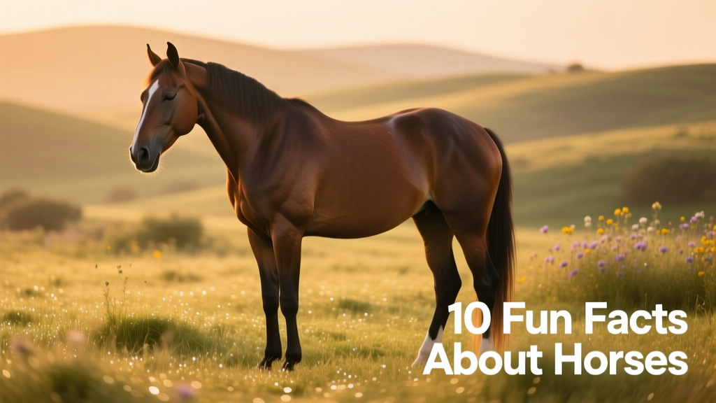 A horse sleeping standing up in a quiet pasture, head lowered, one hind leg relaxed