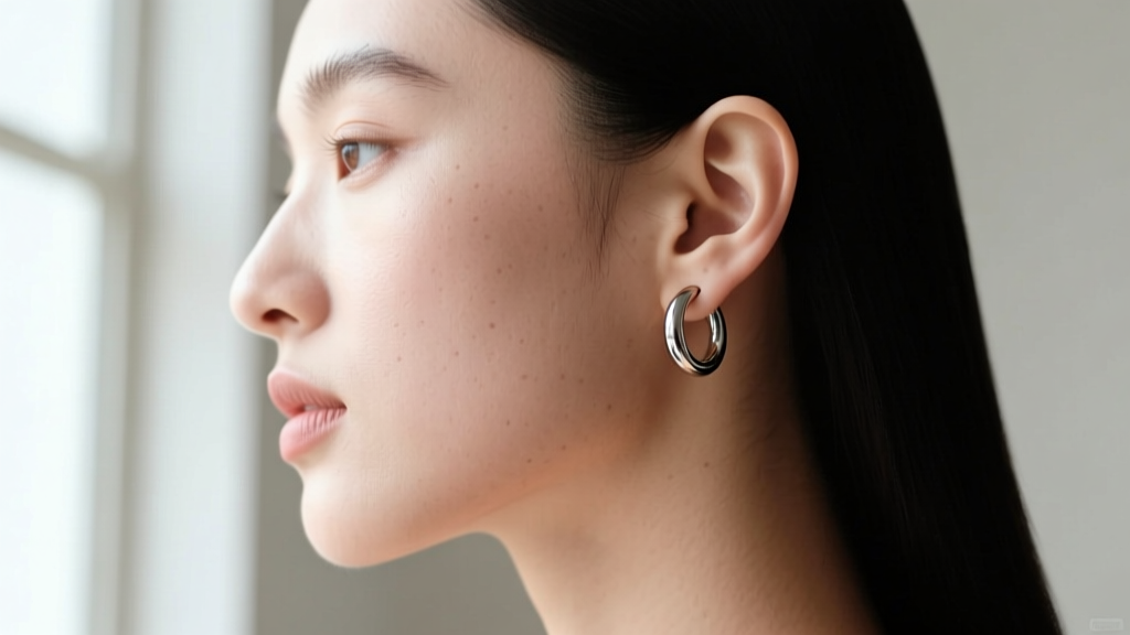 Side profile of a model wearing an 8mm 16-gauge titanium huggie hoop in a healed helix piercing under soft natural window light