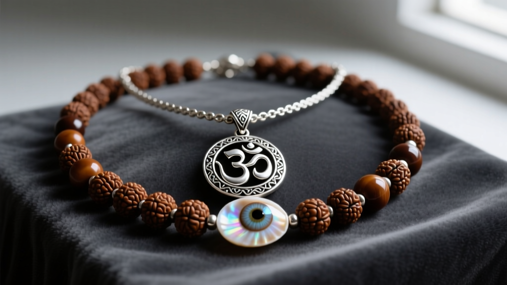 A Shiva necklace featuring a silver Om pendant, brown Rudraksha beads, and a polished Shiva Eye shell resting on dark grey velvet.