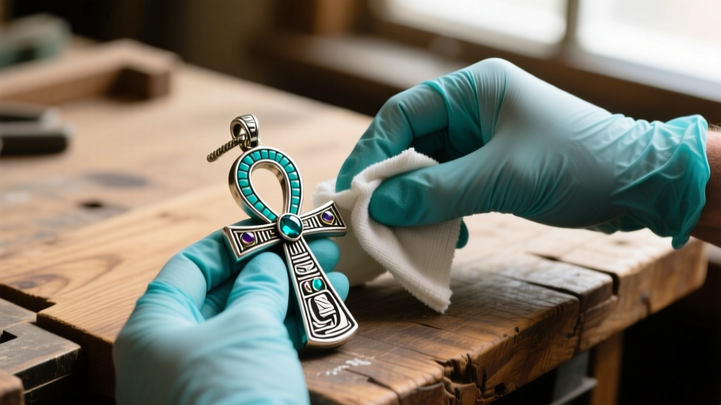 Nitrile-gloved hands wiping a turquoise and silver Egyptian revival ankh pendant with a damp cloth on a wooden workbench