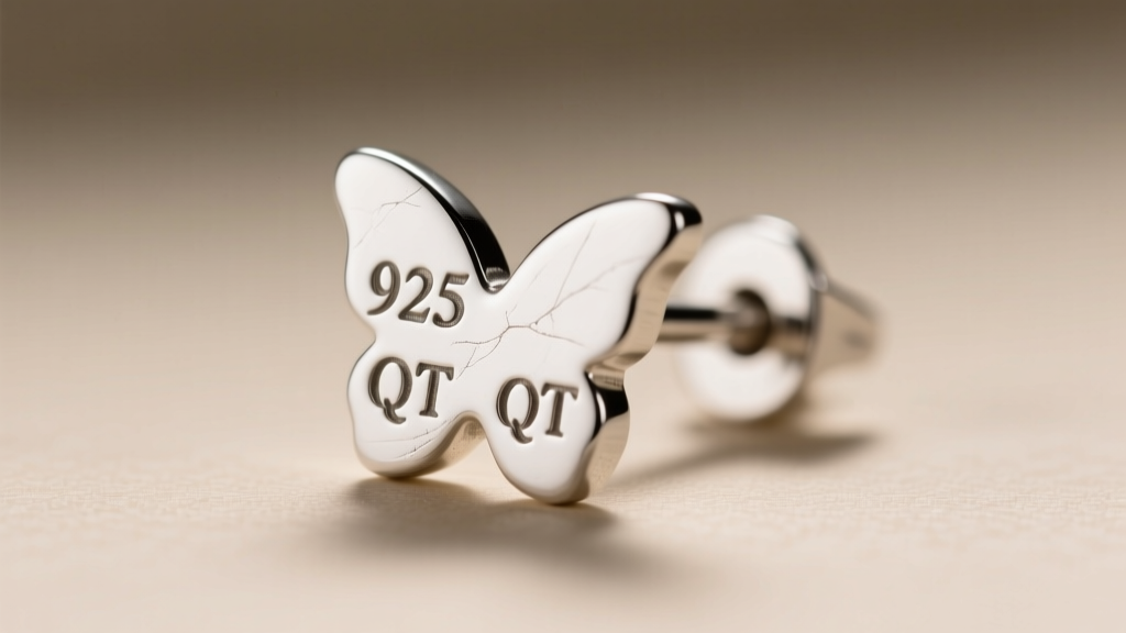 Macro shot of a sterling silver earring post showing 925 and QT maker stamps engraved on the flat surface of a butterfly backing