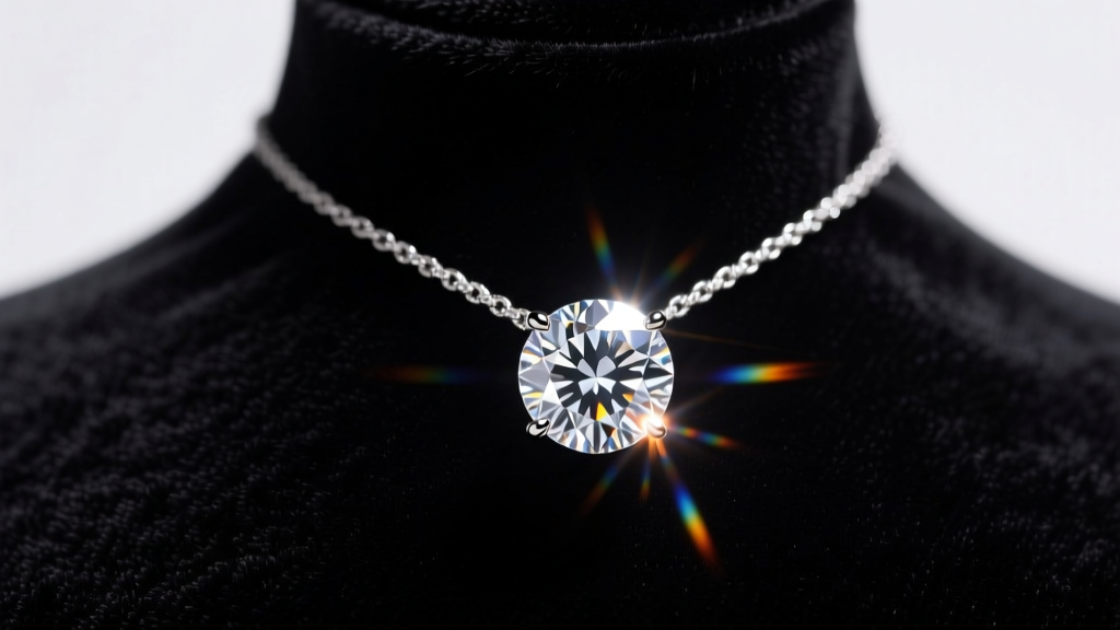 A radiant 2ct round brilliant diamond solitaire pendant on a dark velvet bust, illuminated by a spotlight to highlight its fire
