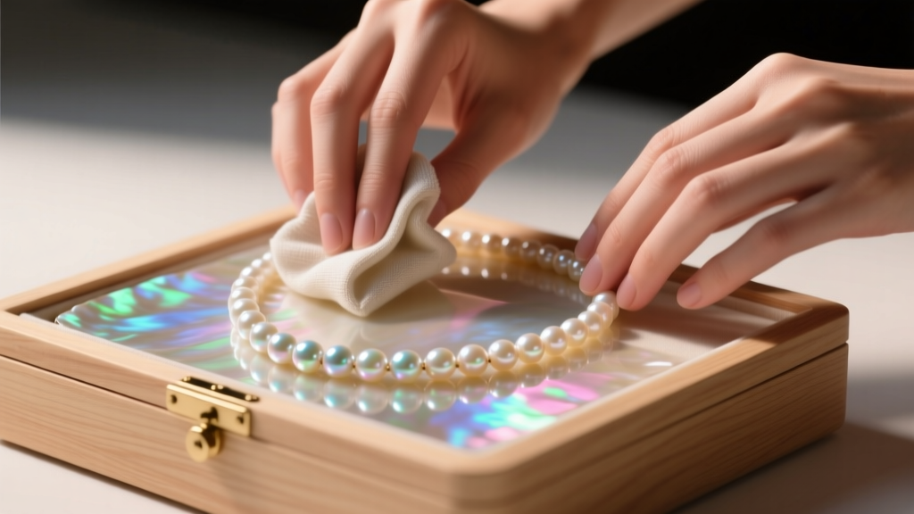 Hands gently wiping a delicate mother-of-pearl shell necklace with a damp microfiber cloth over a light wooden jewelry box lid.