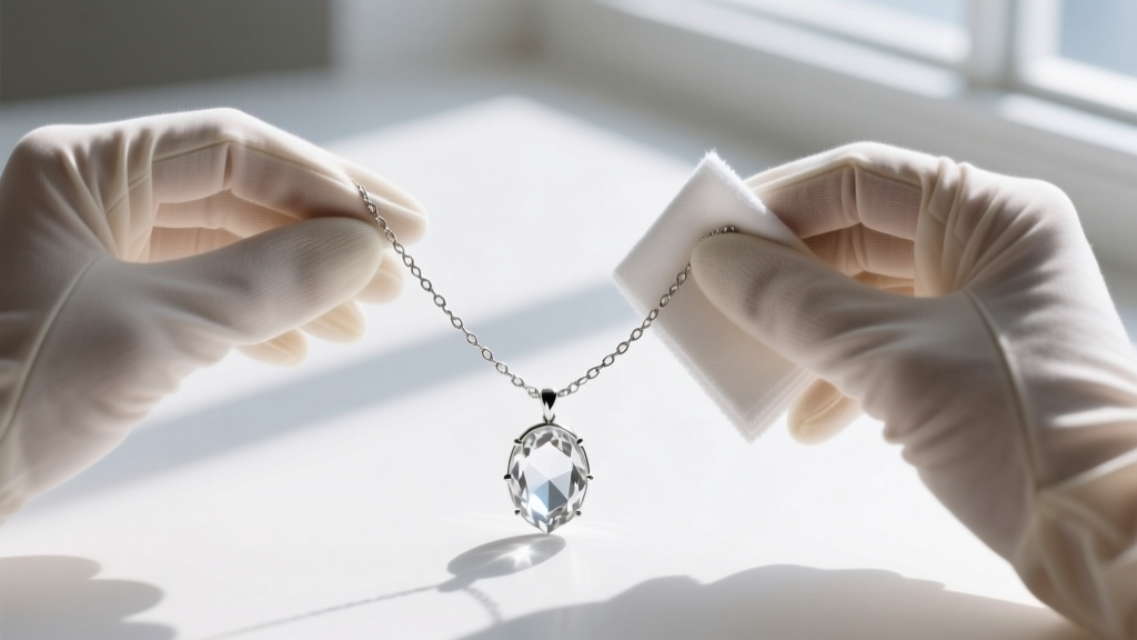 Hands in cotton gloves wiping a silver mood necklace chain with a microfiber cloth, carefully avoiding the central glass pendant.
