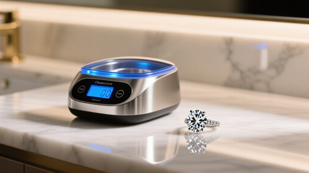 Stainless steel ultrasonic jewelry cleaner with blue display on marble vanity beside a sparkling diamond ring in soft light.