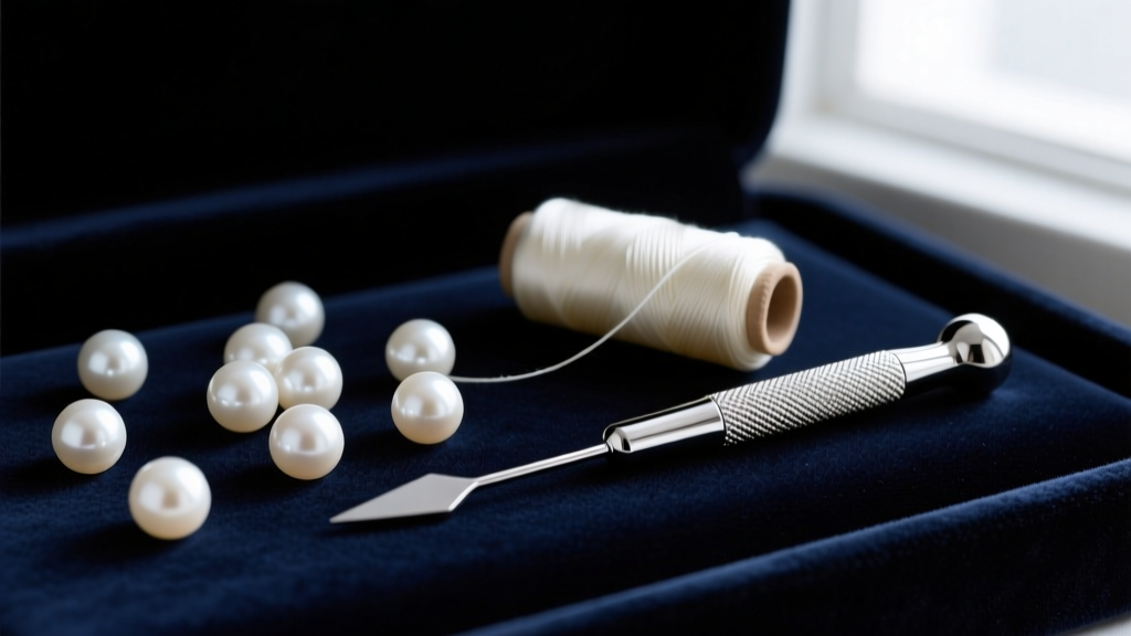 Flat lay of loose white Akoya pearls, a spool of ivory silk thread, and a silver beading awl on a dark velvet jewelry bench.
