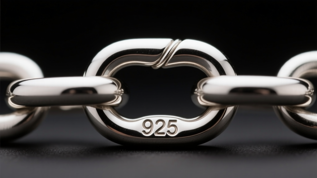 Macro shot of a 3.2mm sterling silver ball chain link showing the connecting wire and hallmark stamp under bright studio lighting