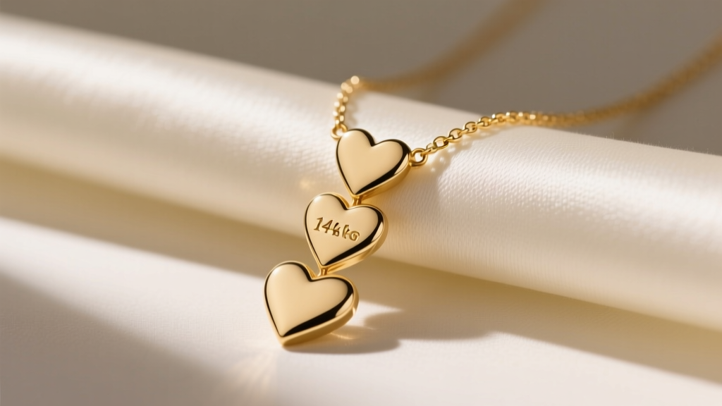 Close-up of a delicate 14k solid gold 3 heart necklace resting on silk fabric, showcasing varying sizes of the hearts