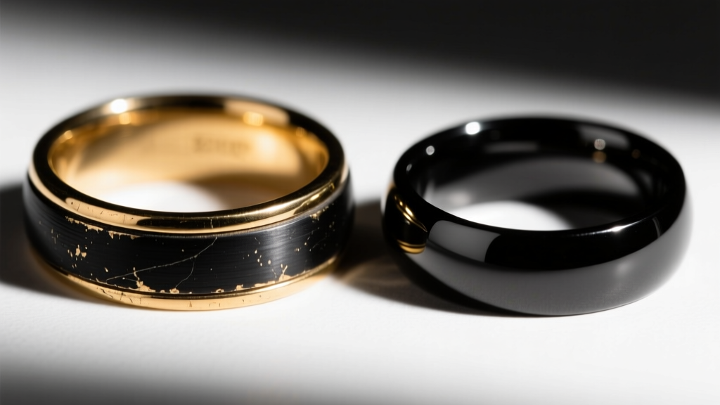 Close-up of a faded black rhodium gold band next to a pristine PVD black gold ring highlighting distinct surface wear patterns