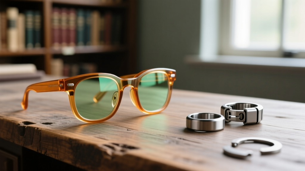 Close-up of eco-friendly bio-acetate smart glasses resting on a reclaimed wood desk next to a disassembled modular smart ring component