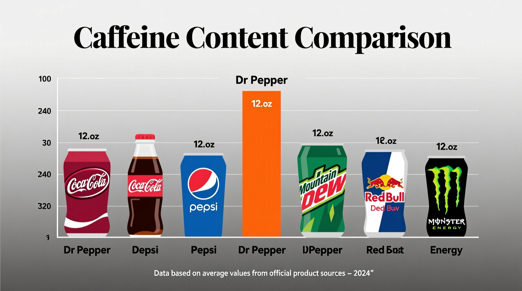 Caffeine content comparison chart showing Dr Pepper among popular beverages
