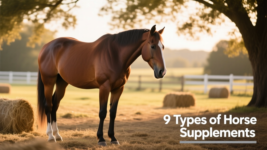 Senior horse standing comfortably in a shaded paddock, head lowered, with relaxed posture and glossy coat
