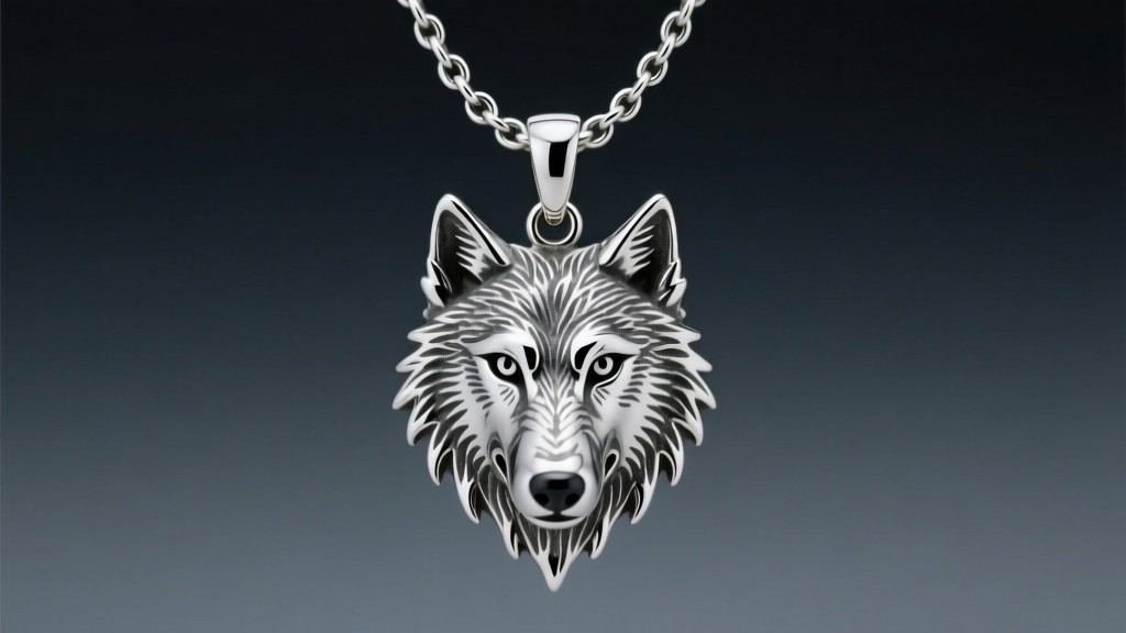 Macro close-up of a detailed 925 silver howling wolf pendant hanging from a thick 3mm rolo chain against a moody backdrop