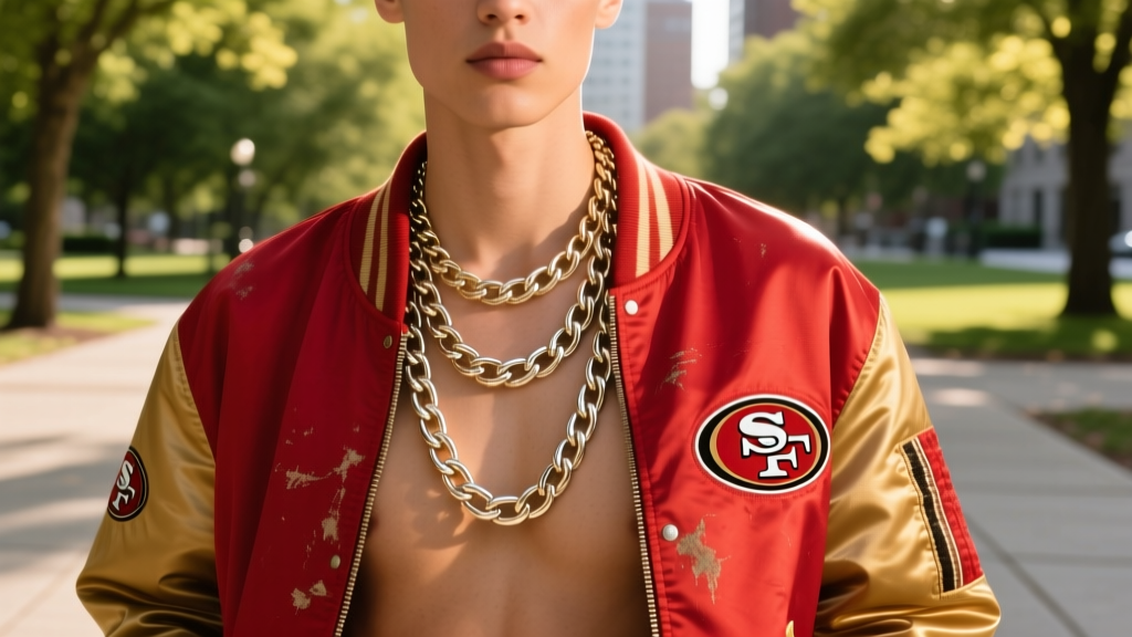 A 22-inch 49ers chain necklace layered over a vintage red and gold windbreaker jacket in bright, natural outdoor sunlight