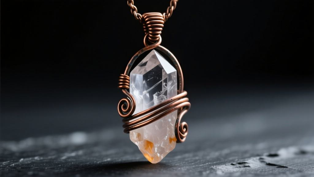 Close-up of raw quartz crystal pendant wrapped in oxidized copper wire on dark slate, soft lighting highlighting wire tension points.