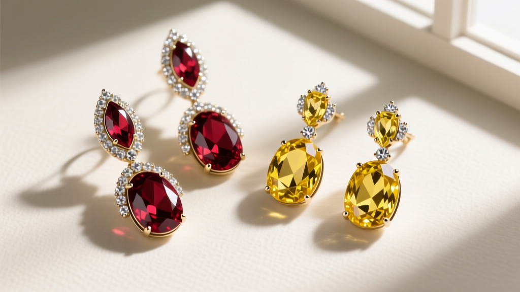 Overhead view of vintage Juliana earrings with navette, marguette, and chaton rhinestones in deep Siam red and jonquil yellow.