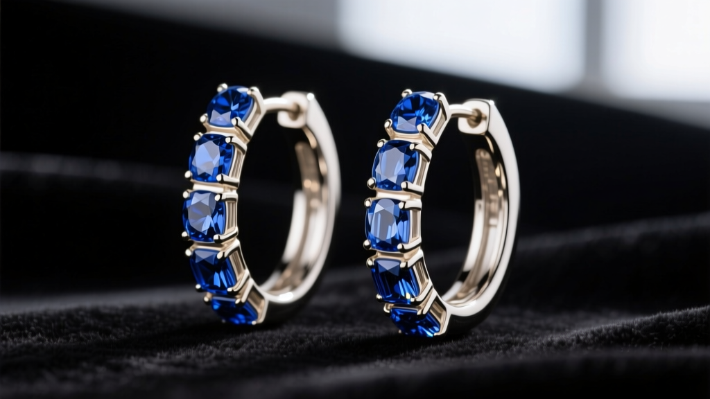 Close-up of 18k white gold sapphire hoops with alternating round and baguette blue sapphires on dark velvet