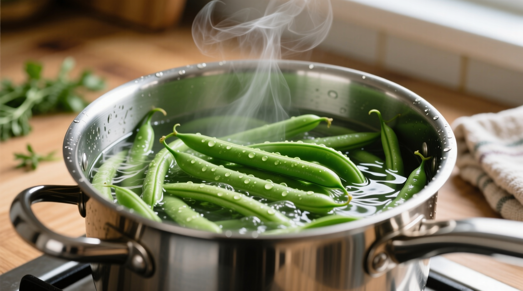 Fresh green beans boiling in stainless steel pot