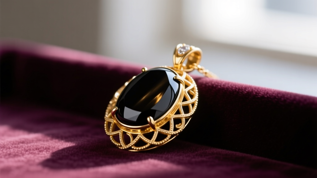 Close-up of 14k gold and black onyx pendant on velvet, revealing a loose bezel setting under a bright jeweler's inspection lamp.