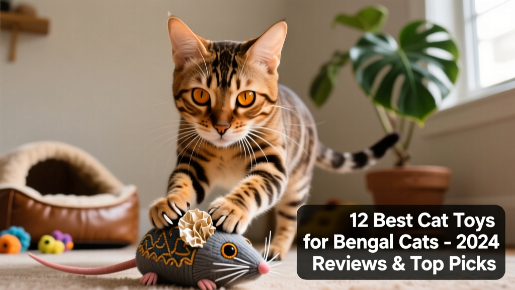 Close-up of a Bengal cat gripping a fabric mouse toy with embroidered details and crinkle filling