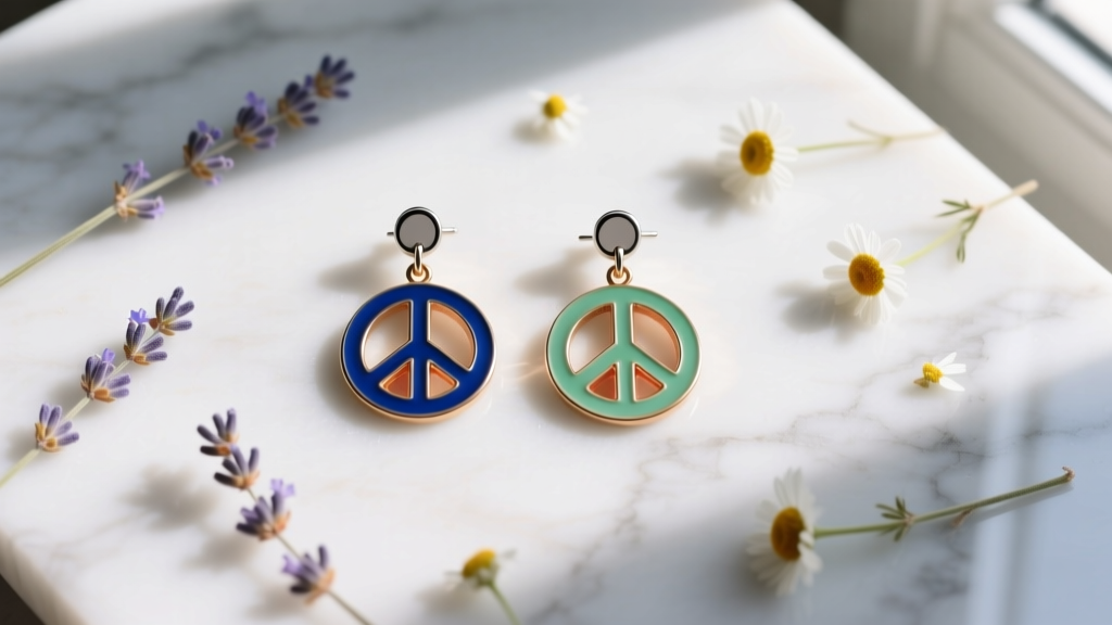 Overhead flat lay of peace symbol earrings including enamel dangles and titanium studs on white marble near small dried flowers
